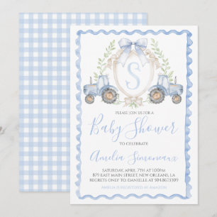 Invitation Bébé Garçon Blue Tracteur Douche Monogramme Crest