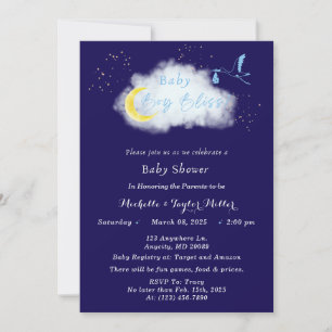Invitation Bébé Garçon Bonheur Cigogne Bleu Minuit Etoilé
