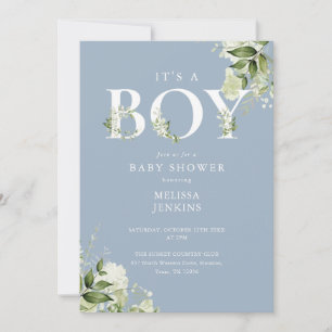 Invitation Bébé garçon code QR Baby Shower Bleu Poussiéreux C