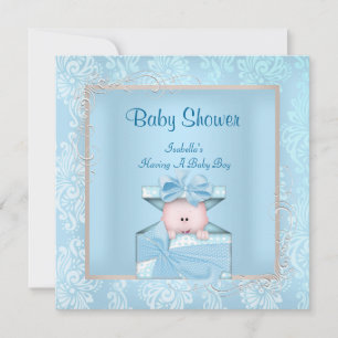 Invitation Bébé garçon damassé Baby Shower Bleu Blanc Floral