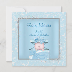 Invitation Bébé garçon Damassé Fleurs Bleu et Blanc Baby Show