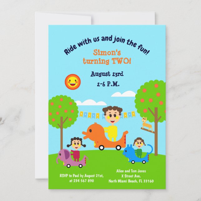 Invitation Bébé garçon deuxième anniversaire animal voitures  (Devant)