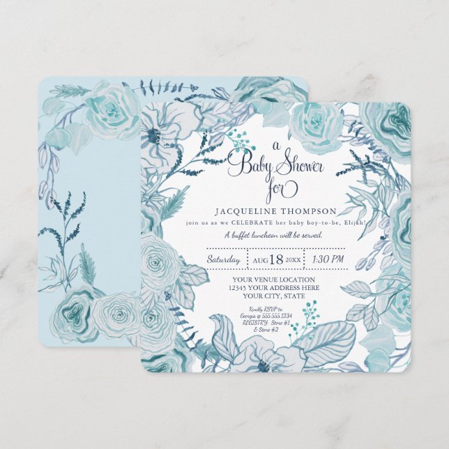 Invitation Bébé Garçon Douche Aquarelle bleu Foliage (Devant / Derrière)