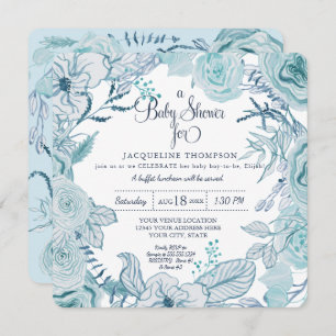 Invitation Bébé Garçon Douche Aquarelle Bleue Floral Folithe
