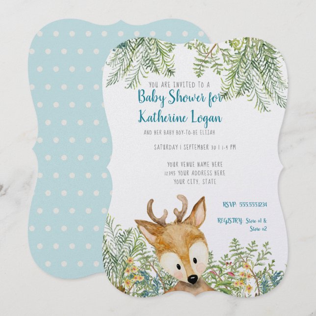 Invitation Bébé Garçon Douche Bois Animaux Bois Forêt de Cerf (Devant / Derrière)