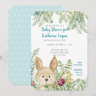 Invitation Bébé Garçon Douche Bois Animaux Lapin Forêt Ferne