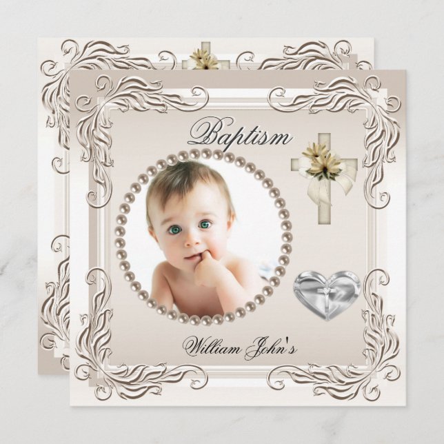Invitation Bébé Garçon Fille Beige Crème Baptême (Devant / Derrière)