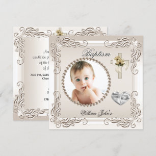 Invitation Bébé Garçon Fille Beige Crème Christening Baptême