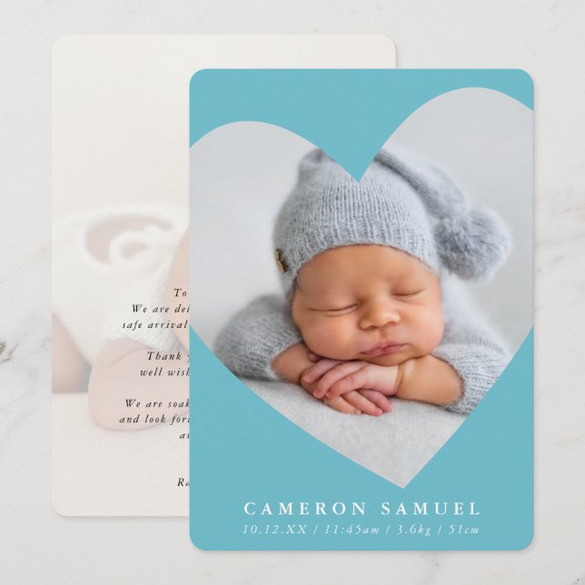 Invitation BÉBÉ GARÇON photo moderne mignon cadre coeur bleu  (Devant / Derrière)