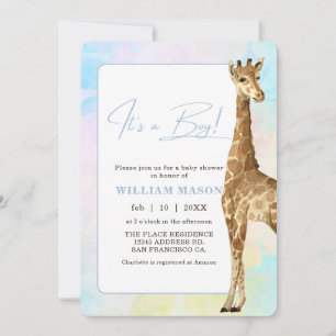 Invitation Bébé girafe Fête de naissance Bleu C'est un garçon