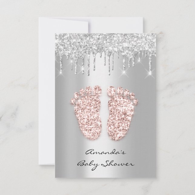 Invitation Bébé gris argent fille garçon douche pieds pieds g (Dos)