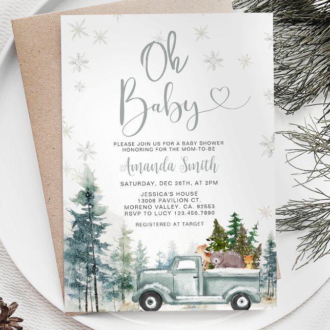Invitation Bébé hiver Rustique Camion Baby shower de flocons  (Créateur téléchargé)