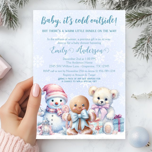 Invitation Bébé, il fait froid à l’extérieur de l’hiver Baby  (Winter baby shower invitation with adorable snowman, gingerbread cookie and teddy bear.)