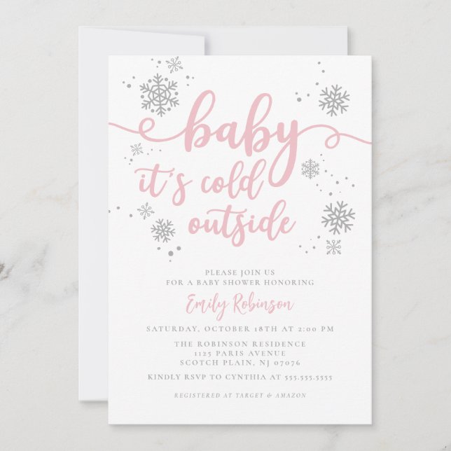 Invitation Bébé Il fait froid | Baby shower rose Fille de Feu (Devant)