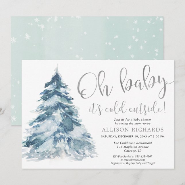 Invitation Bébé, il fait froid dehors, baby shower blanc arge (Devant / Derrière)