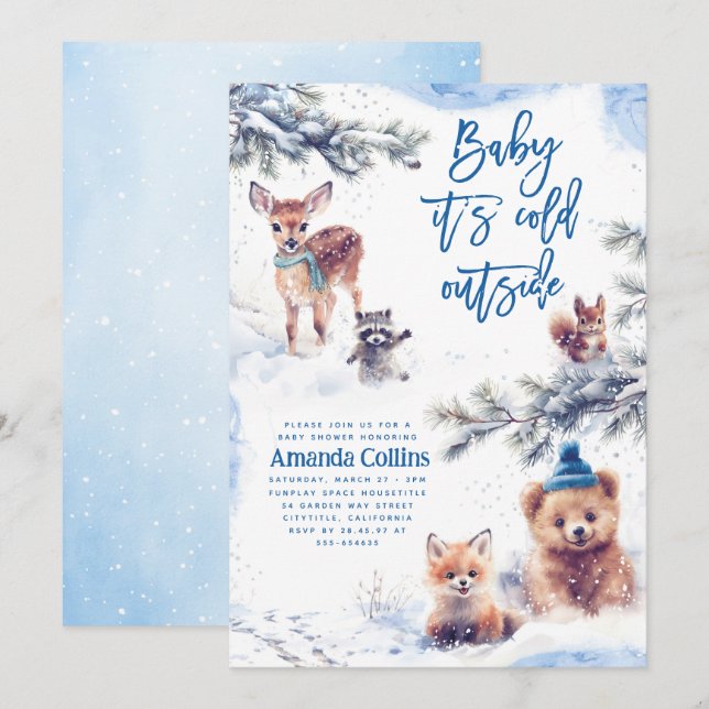 Invitation Bébé Il fait froid dehors Baby shower d'animaux d' (Devant / Derrière)