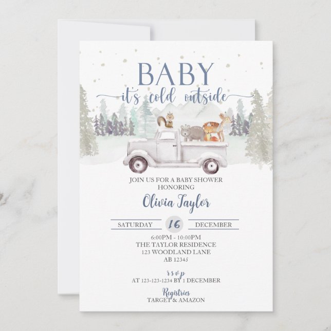 Invitation Bébé Il fait froid dehors, Baby shower d'animaux d (Devant)