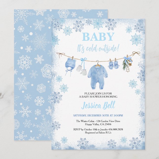 Invitation Bébé Il fait froid dehors Baby shower garçon Bleu  (Devant / Derrière)