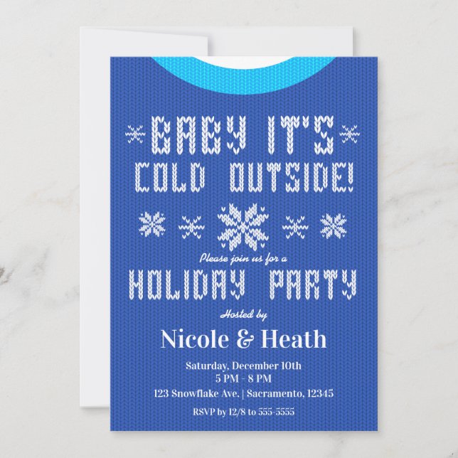 Invitation Bébé Il fait froid dehors Bleu Sweater Fête de Vac (Devant)