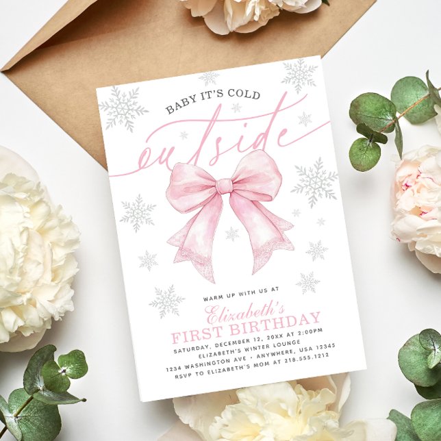 Invitation Bébé il fait froid dehors Coquette rose noeud papi (Baby Its Cold Outside Coquette Pink Bow Birthday Invitation)
