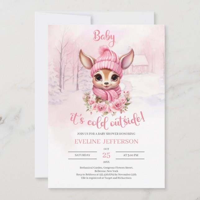 Invitation Bébé il fait froid dehors fille bébé rennes (Devant)