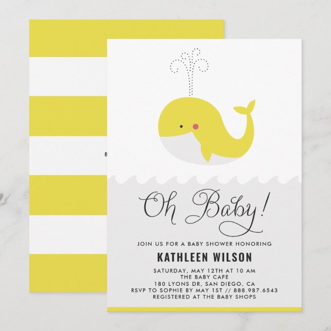 Invitation Bébé jaune mignon baleine Oh Baby shower bébé (Devant / Derrière)