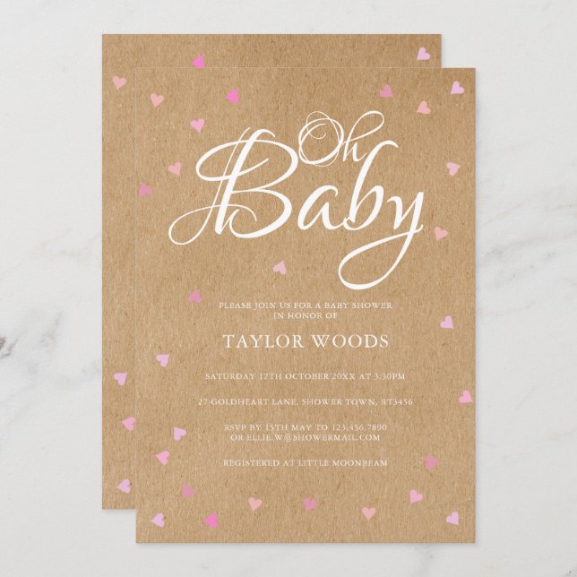 Invitation Bébé joli coeur rose Baby shower Boho rustique (Devant / Derrière)