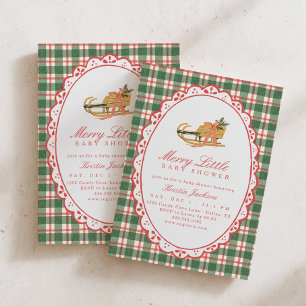 Invitation Bébé Joyeux Shower Bébé Vert & Rouge Traîneau d'Hi