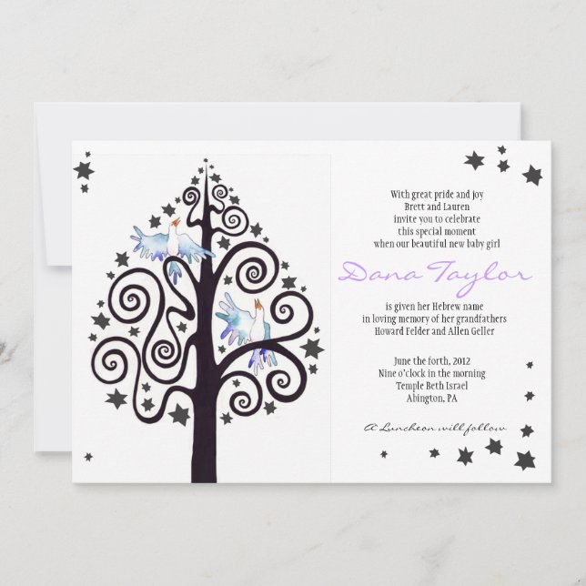 Invitation Bébé juif d'arbre d'étoile appelant l'hébreu (Devant)