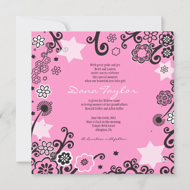 Invitation Bébé juif d'étoile florale appelant le rose (Devant)