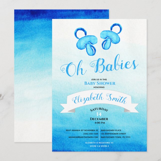 Invitation Bébé jumeau garçon aquarelle babyshower (Devant / Derrière)