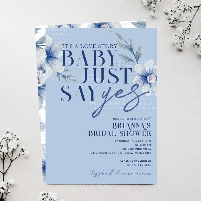 Invitation Bébé juste dire oui Fête des mariées florale bleu (Baby Just Say Yes Dusty Slate Blue Watercolor Floral Bridal Shower Invitations)