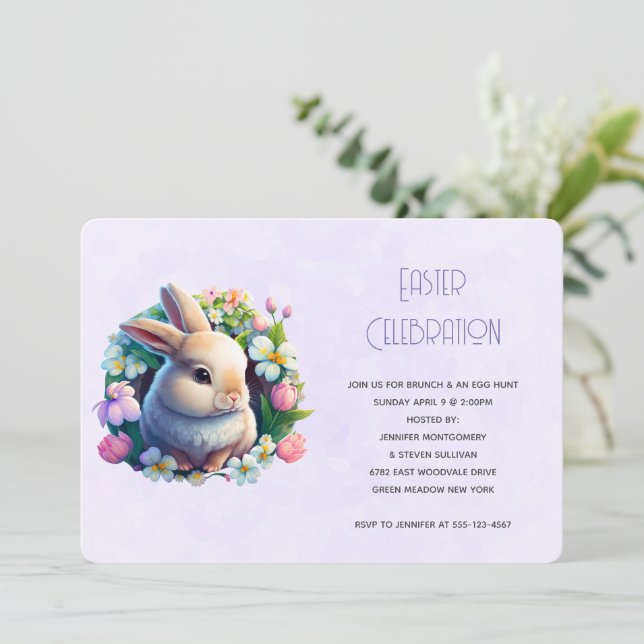Invitation Bébé lapin dans les fleurs de printemps Pâques (Debout devant)