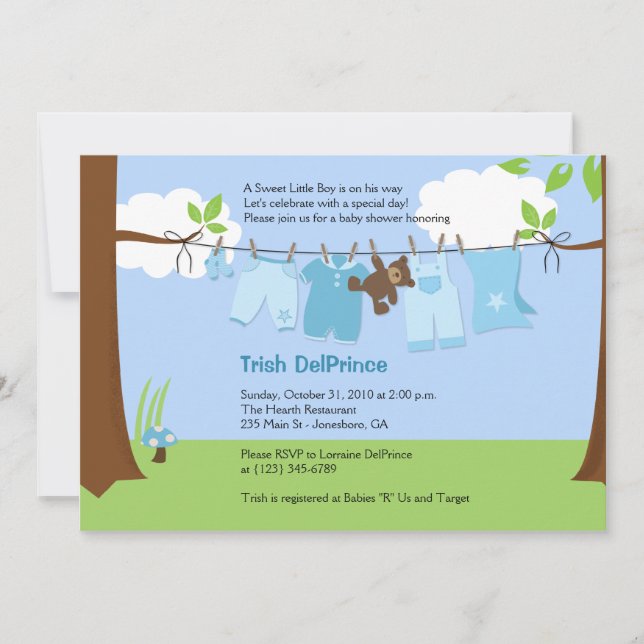 Invitation Bébé ligne de linge bleu garçon 5x7 Baby shower (Devant)