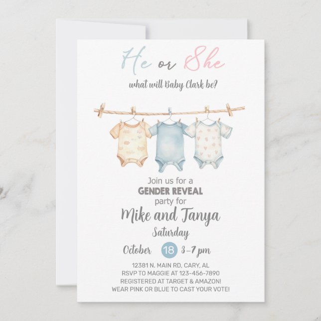 Invitation Bébé ligne de vêtements Genre Reveal invitation, i (Devant)