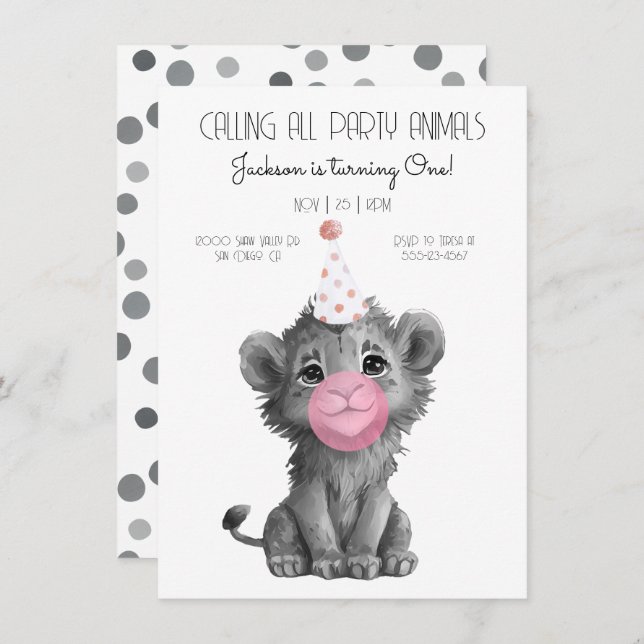 Invitation Bébé Lion Cub noir et blanc Anniversaire (Devant / Derrière)