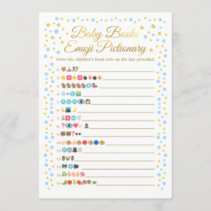 Invitation Bébé Livres Emoji Pictionary Jeu Bleu et Or
