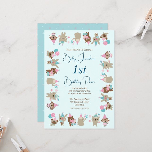 Invitation Bébé mignon Animaux célébrant le 1er anniversaire  (Devant/Arrière en situation)