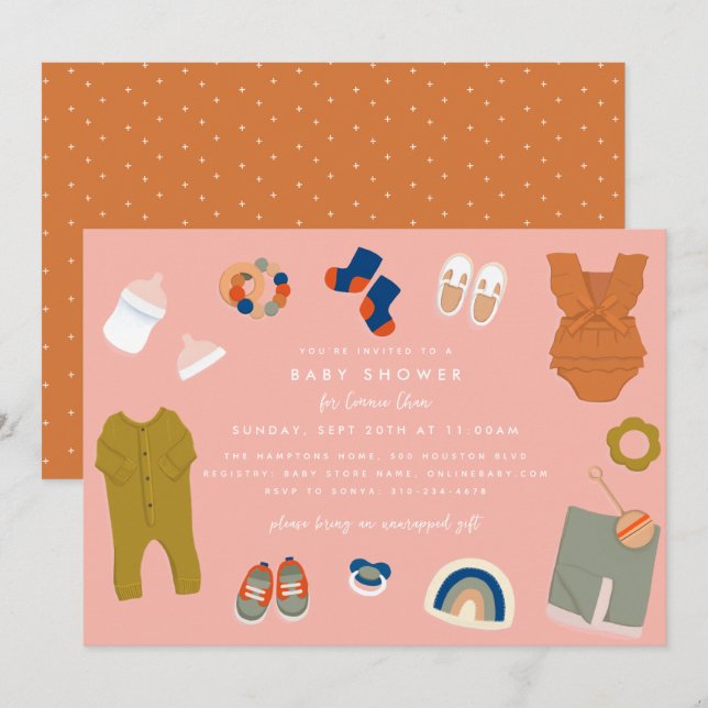 Invitation Bébé mignon articles illustrés Baby shower rose (Devant / Derrière)