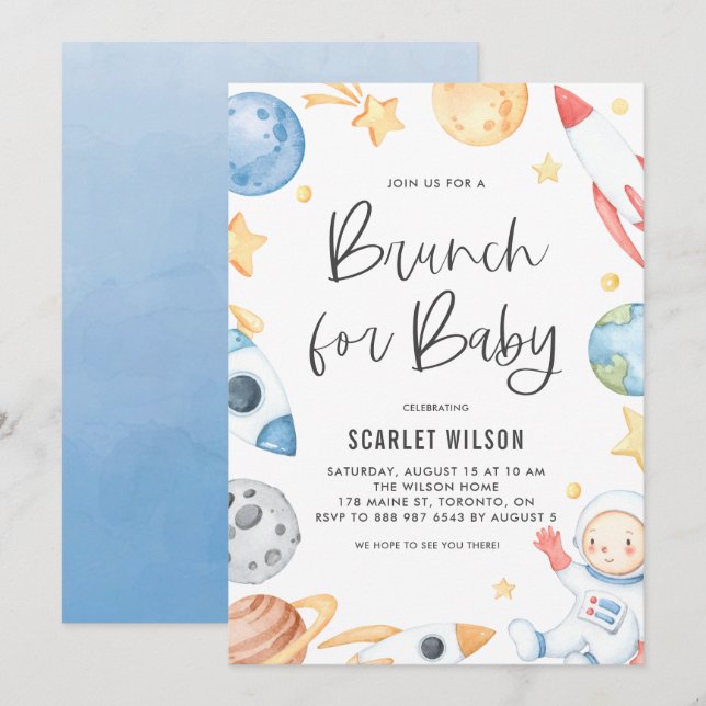 Invitation Bébé mignon Astronaut Espace Brunch à thème pour b (Devant / Derrière)