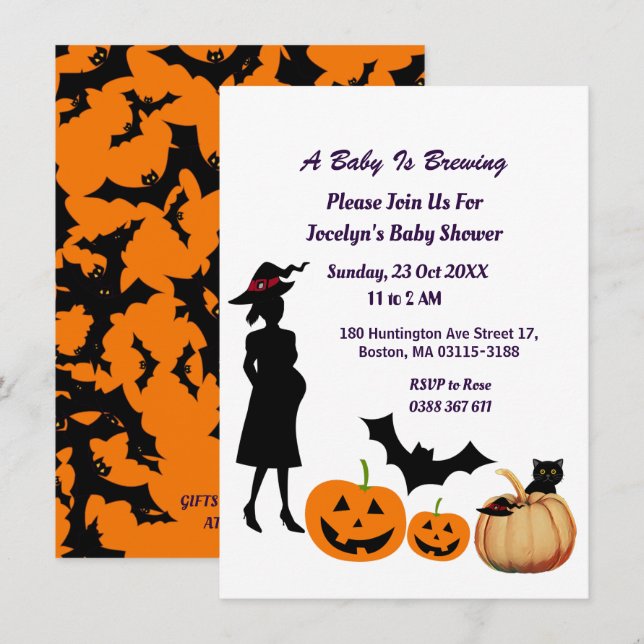 Invitation Bébé mignon brasse sorcière Baby shower Citrouille (Devant / Derrière)