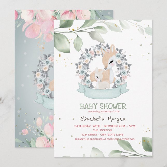 Invitation Bébé mignon Cerfs Étoiles Baby shower Feuille (Devant / Derrière)