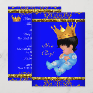 Invitation Bébé mignon couronne prince bleu or garçon 4