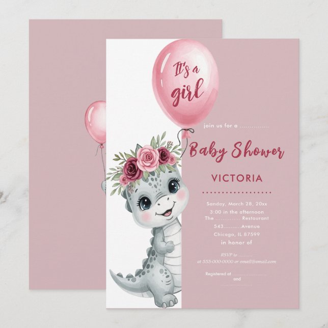 Invitation Bébé mignon Dino plat (Devant / Derrière)