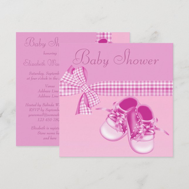 Invitation Bébé mignon Douche Douche rose Chaussures et ruban (Devant / Derrière)