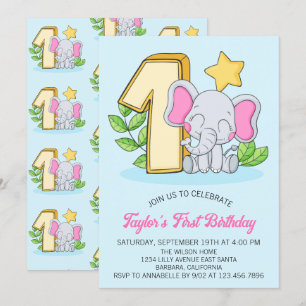 Invitation Bébé mignon éléphant 1er Anniversaire Fête Invitat