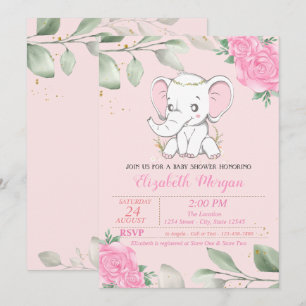 Invitation Bébé mignon éléphant, Feuille, Baby shower floral