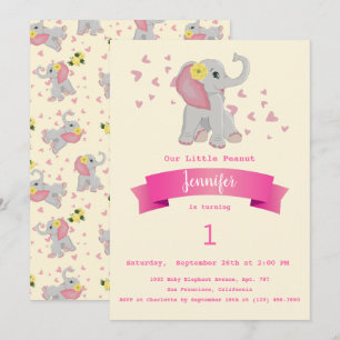 Invitation Bébé mignon Eléphant Floral Première fête d'annive
