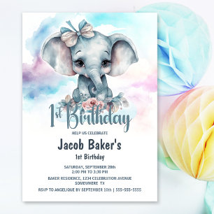 Invitation Bébé mignon éléphant garçon 1er fête d'anniversair