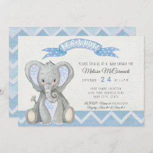 Invitation Bébé mignon Eléphant Garçon Douche Chevron Bleu Bl